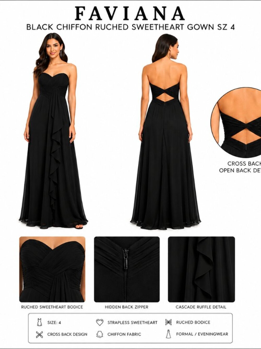 FAVIANA BLACK CHIFFON RUCHED SWEETHEART GOWN SZ 4